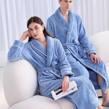 Flannel Bathrobe Set Autumn Winter Coral Fleece Nightgown for Men and Women Warm - Grey.