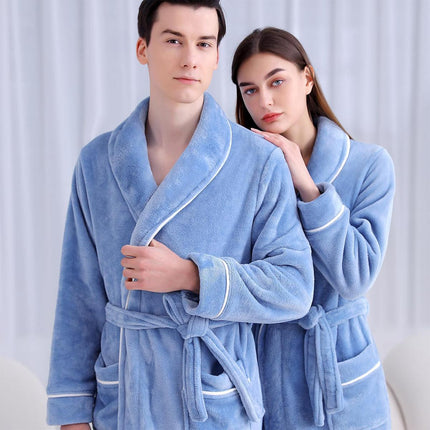 Flannel Bathrobe Set Autumn Winter Coral Fleece Nightgown for Men and Women Warm - Grey.
