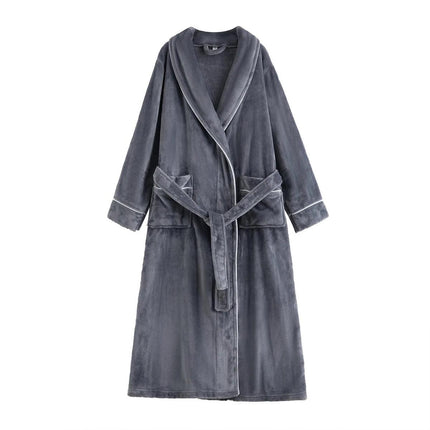 Flannel Bathrobe Set Autumn Winter Coral Fleece Nightgown for Men and Women Warm - Grey.