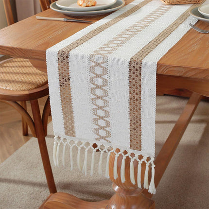 Cotton Linen Table Runner with Knot Tassel Bed End Towel Long Tablecloth Mat - Beige.
