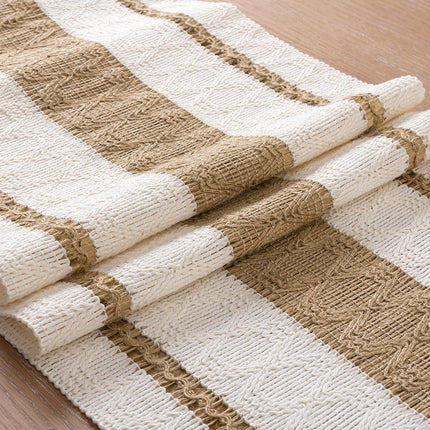 Cotton Linen Table Runner with Knot Tassel Bed End Towel Long Tablecloth Mat - Beige.