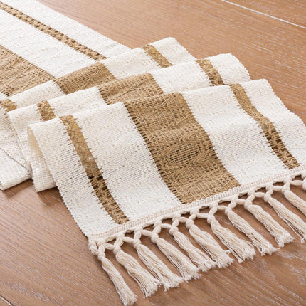 Cotton Linen Table Runner with Knot Tassel Bed End Towel Long Tablecloth Mat - Beige.