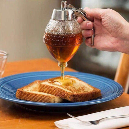 Honey Syrup Dispenser with Stand Bottom Flow Trigger Jar for Kitchen Use.