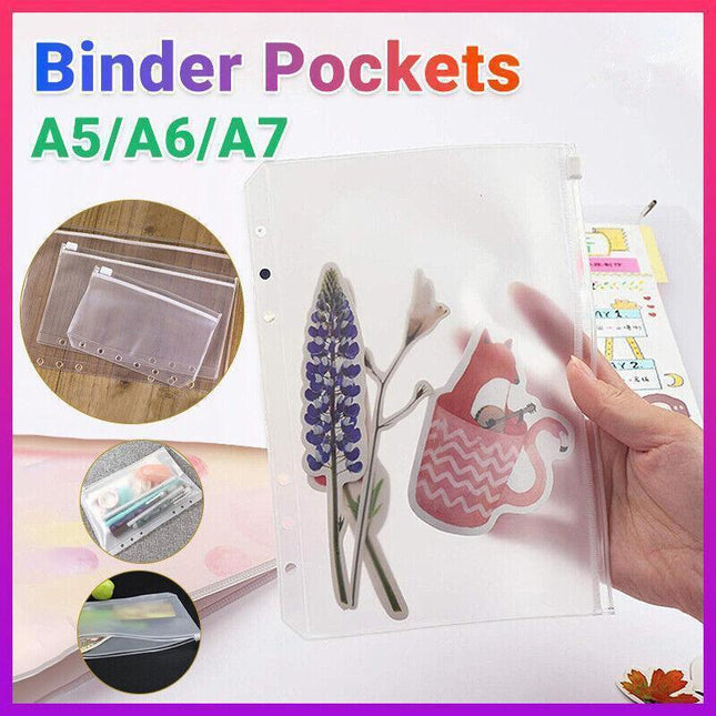 12X A5/A6/A7 Binder Pocket Zipper 6 Holes Pvc Document Filling Bags Clear Kit - A7(13*9CM).