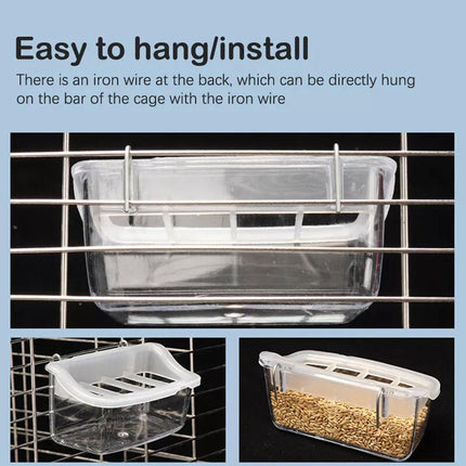 Clear Bird Feeder Box Parrot Food Dispenser Cage Sink Container Hanging Supplies.