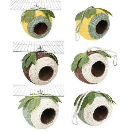 Bird Nest Parrot Nest Coconut Shell Braided Twine Colourful Cage Hanging Bed - White-Brown-Screw Model.