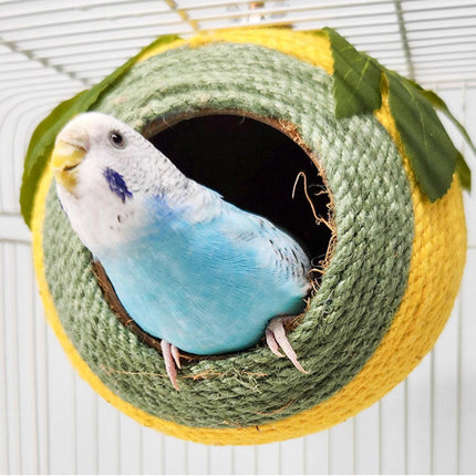 Bird Nest Parrot Nest Coconut Shell Braided Twine Colourful Cage Hanging Bed - White-Brown-Screw Model.
