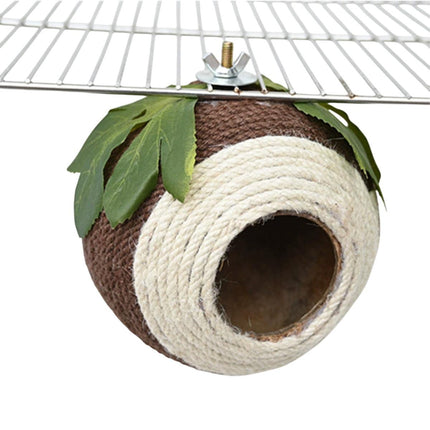 Bird Nest Parrot Nest Coconut Shell Braided Twine Colourful Cage Hanging Bed - White-Brown-Screw Model.