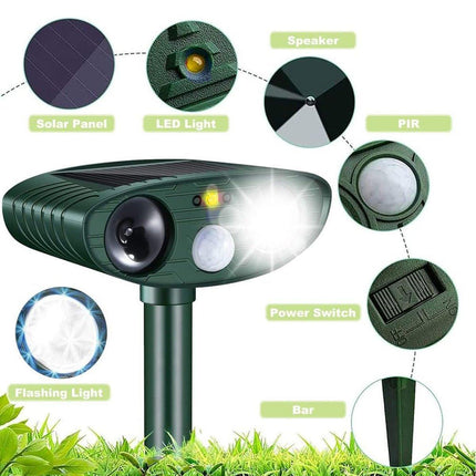 Solar Powered Ultrasonic Animal Bird Repeller Outdoor Pest Insect Control Device.