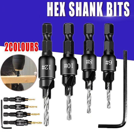 4PCS Screw Countersink Bit Set Pilot Holre Drill Metal Plastic Wood Hex Shank - Silver.