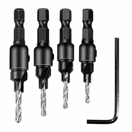 4PCS Screw Countersink Bit Set Pilot Holre Drill Metal Plastic Wood Hex Shank - Silver.
