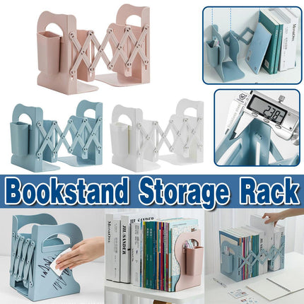Retractable Book Stand Desk Organizer Adjustable Storage Rack with Pen Holder - White.