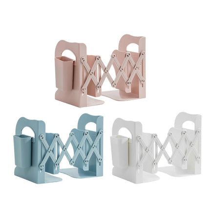 Retractable Book Stand Desk Organizer Adjustable Storage Rack with Pen Holder - White.