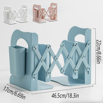 Retractable Book Stand Desk Organizer Adjustable Storage Rack with Pen Holder - White.
