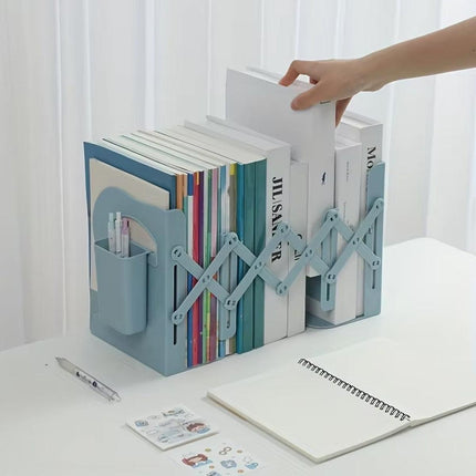 Retractable Book Stand Desk Organizer Adjustable Storage Rack with Pen Holder - White.