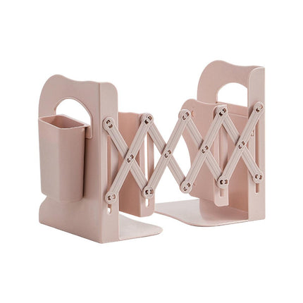 Retractable Book Stand Desk Organizer Adjustable Storage Rack with Pen Holder - White.