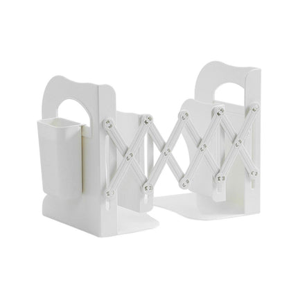 Retractable Book Stand Desk Organizer Adjustable Storage Rack with Pen Holder - White.