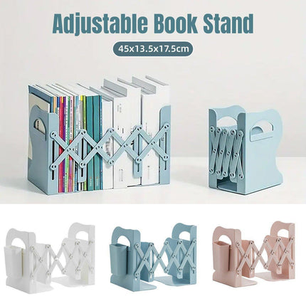 Adjustable Desktop Bookshelf Organizer With Pen Holder Folding Book Storage Rack - White.