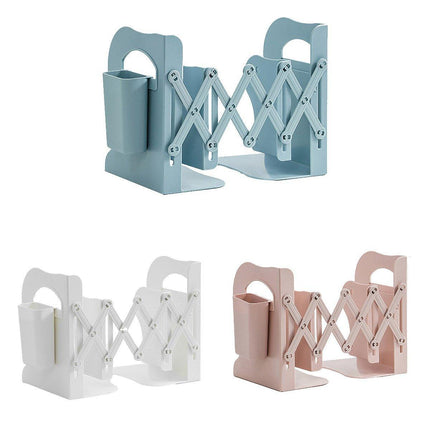 Adjustable Desktop Bookshelf Organizer With Pen Holder Folding Book Storage Rack - White.