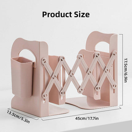 Adjustable Desktop Bookshelf Organizer With Pen Holder Folding Book Storage Rack - White.