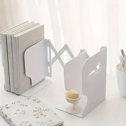 Adjustable Desktop Bookshelf Organizer With Pen Holder Folding Book Storage Rack - White.