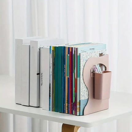 Adjustable Desktop Bookshelf Organizer With Pen Holder Folding Book Storage Rack - White.