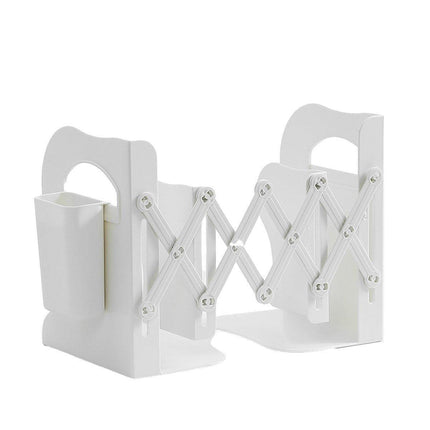 Adjustable Desktop Bookshelf Organizer With Pen Holder Folding Book Storage Rack - White.