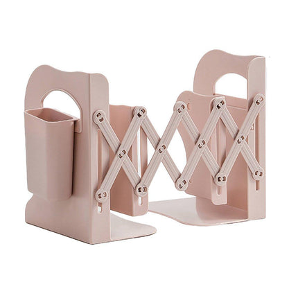 Adjustable Desktop Bookshelf Organizer With Pen Holder Folding Book Storage Rack - White.