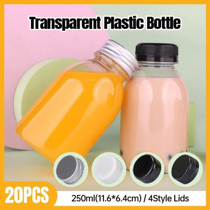 20pcs 250ml Reusable Plastic Juice Bottles 38mm Caliber Clear Beverage Container - Bottle-20pcs-Glossy -Black.