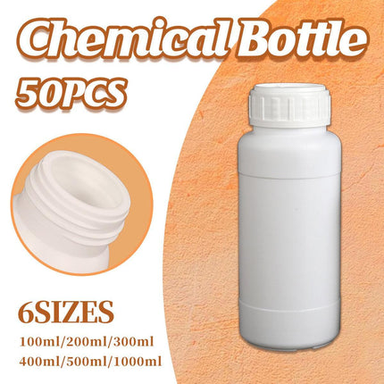 50pcs Chemical Bottle White Plastic Sample Reagent Bottles for Lab Storage - 300ml.