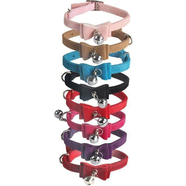 1× Adjustable Suede Cat Collar with Bow Bell Pink Blue Black Red - Purple.