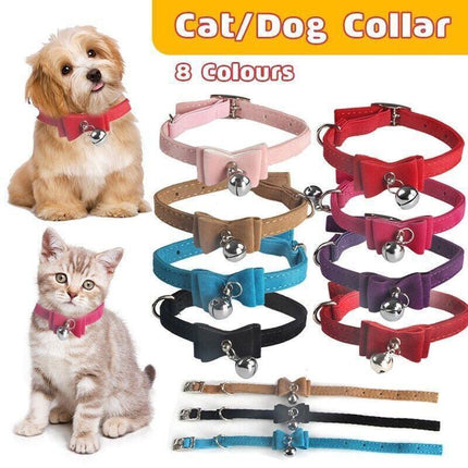 1× Adjustable Suede Cat Collar with Bow Bell Pink Blue Black Red - Rose Red.
