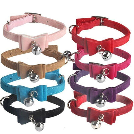 1× Adjustable Suede Cat Collar with Bow Bell Pink Blue Black Red - Rose Red.
