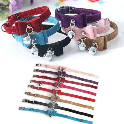 1× Adjustable Suede Cat Collar with Bow Bell Pink Blue Black Red - Rose Red.