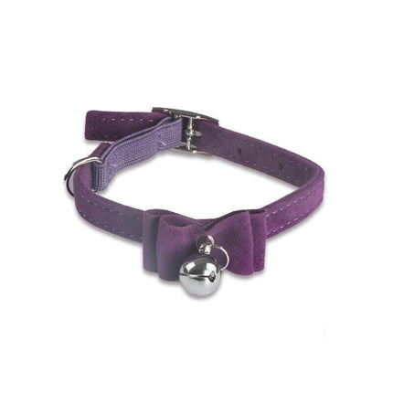 1× Adjustable Suede Cat Collar with Bow Bell Pink Blue Black Red - Rose Red.