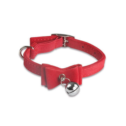 1× Adjustable Suede Cat Collar with Bow Bell Pink Blue Black Red - Rose Red.