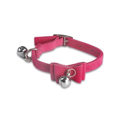 1× Adjustable Suede Cat Collar with Bow Bell Pink Blue Black Red - Rose Red.