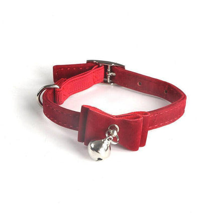 1× Adjustable Suede Cat Collar with Bow Bell Pink Blue Black Red - Rose Red.