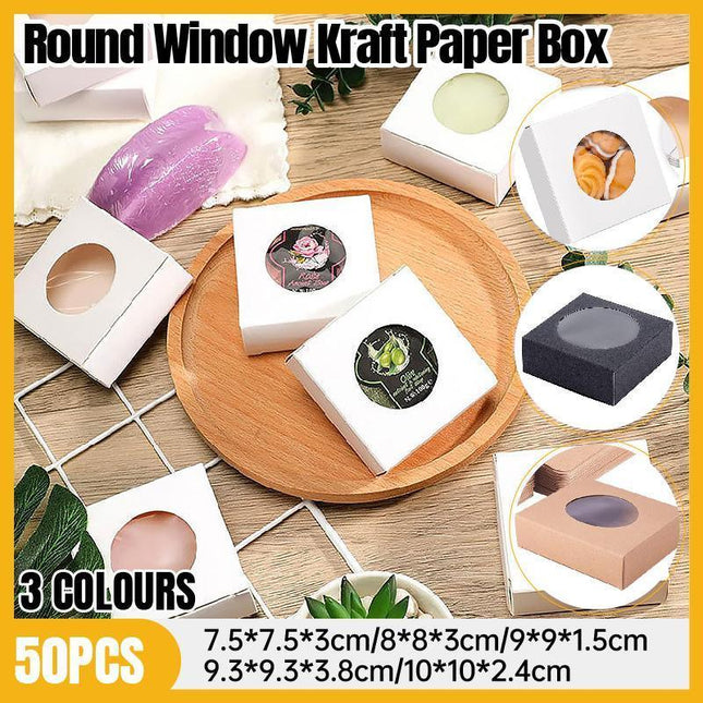 50PCS Handmade Soap Paper Box Round Window Kraft Black White Candy Biscuit Box - Black-50pcs 9*9*1.5CM.