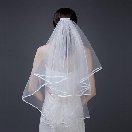 Bridal 2 Layer Wedding Veil with Comb Satin Edge Short Tulle for Women White Ivory - Beige.