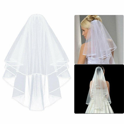 Bridal 2 Layer Wedding Veil with Comb Satin Edge Short Tulle for Women White Ivory - Beige.