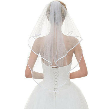 Bridal 2 Layer Wedding Veil with Comb Satin Edge Short Tulle for Women White Ivory - White.