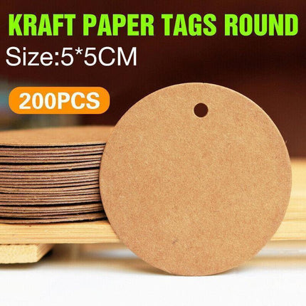 200Pcs Kraft Paper Tags Round 5X5 Cm Brown Card Cardboard Wedding Party Gift Diy.