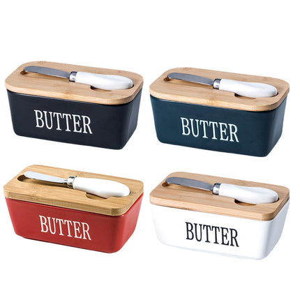 Butter Box with Knife Rectangular Cheese Container with Wooden Lid for Kitchen - Green.