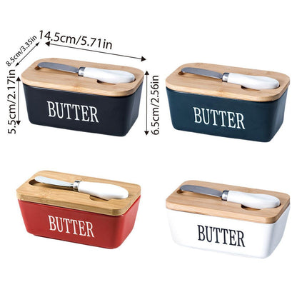 Butter Box with Knife Rectangular Cheese Container with Wooden Lid for Kitchen - Green.