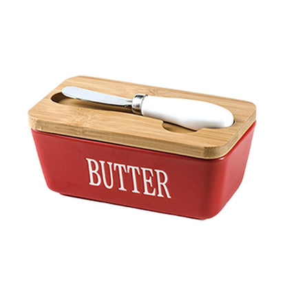 Butter Box with Knife Rectangular Cheese Container with Wooden Lid for Kitchen - Green.