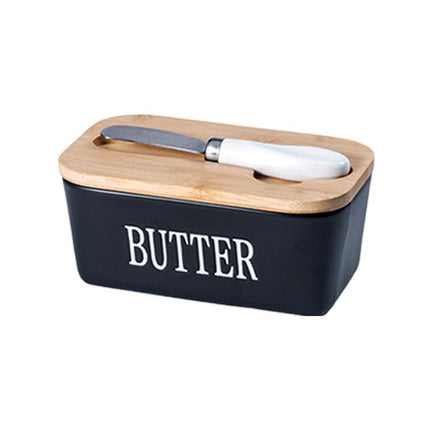 Butter Box with Knife Rectangular Cheese Container with Wooden Lid for Kitchen - Green.