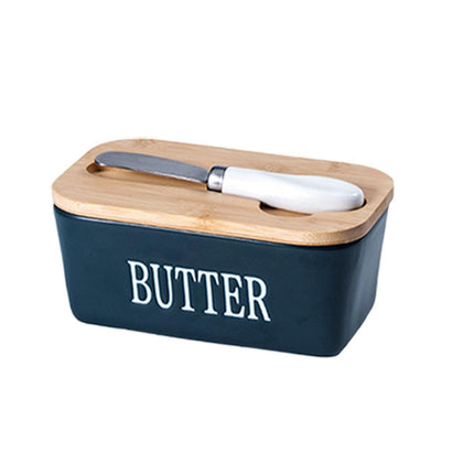 Butter Box with Knife Rectangular Cheese Container with Wooden Lid for Kitchen - Green.