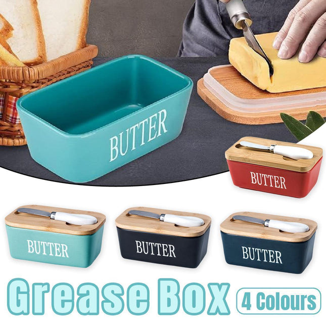 Butter Box with Knife Rectangular Cheese Container with Wooden Lid for Kitchen - Blue.
