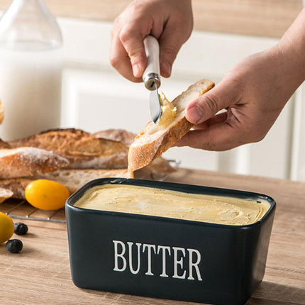 Butter Box with Knife Rectangular Cheese Container with Wooden Lid for Kitchen - Blue.